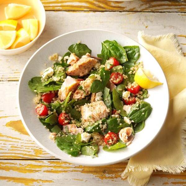 Salmon & feta wilted spinach salad 