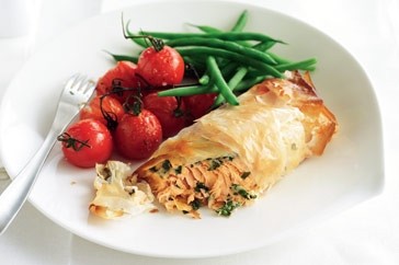 Salmon & herb filo parcels with roast tomatoes