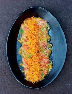 Salmon & passion fruit tiradito with crispy butternut squash 'spaghetti' & Espelette pepper