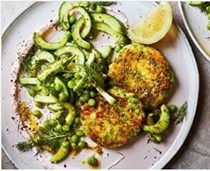 Salmon & pea fish cakes with pea, dill and cucumber salad