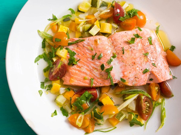 Salmon à la nage with summer vegetables