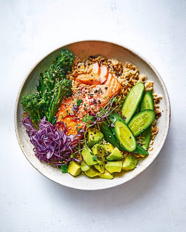 Salmon and avocado rice bowl with soy & lemon dressing 