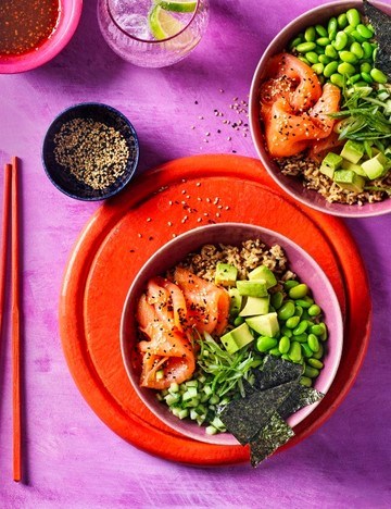 Salmon and avocado rice bowls with miso dressing