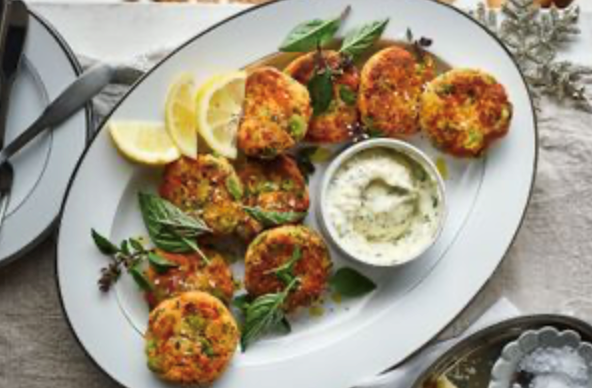 Salmon and broad bean fish cakes with lemon mayo