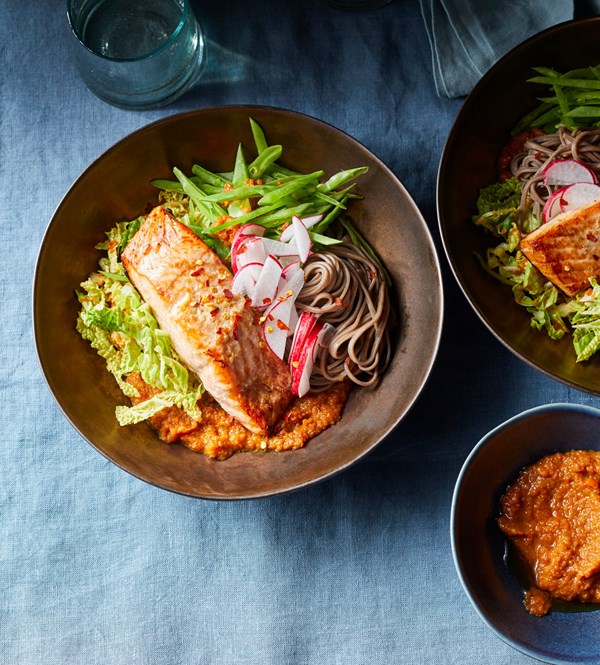 Salmon and cabbage noodle bowls