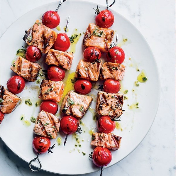 Salmon and cherry tomato skewers with rosemary vinaigrette