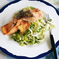 Salmon and crackling on barley and fennel salad