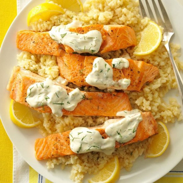 Salmon and dill sauce with lemon risotto