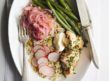 Salmon and grain salad with red onion quickles
