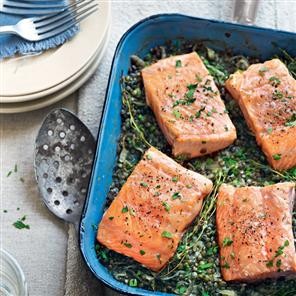 Salmon and horseradish cream lentils