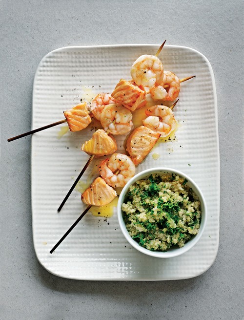 Salmon and king prawn skewers with citrus quinoa salad