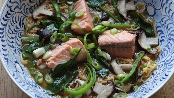 Salmon and miso noodle soup