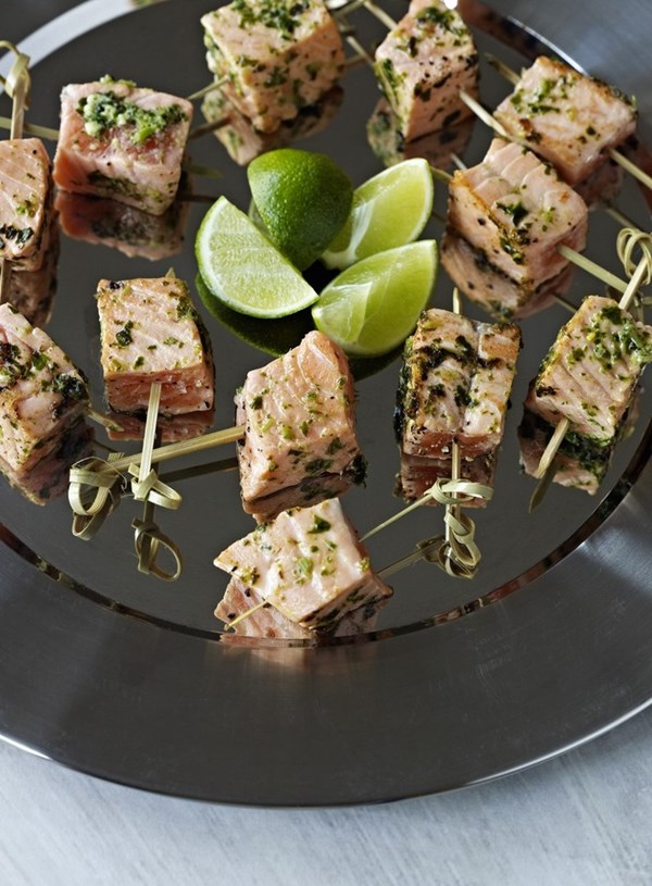 Salmon and pesto skewers