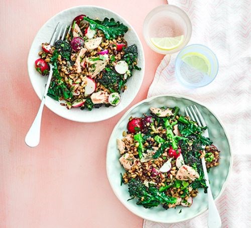 Salmon and purple sprouting broccoli grain bowl