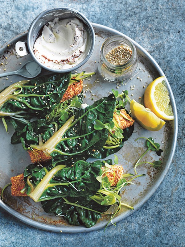 Salmon and silver beet wraps with labne