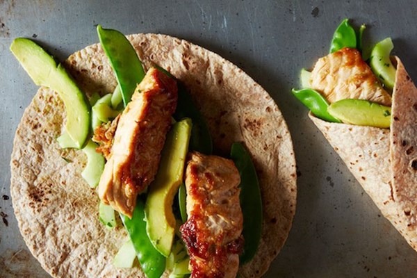 Salmon and snow pea roti wraps