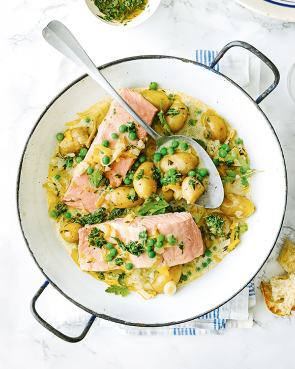 Salmon and spring vegetable stew with persillade