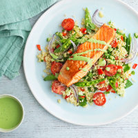 Salmon and sugar snap tabbouleh with herb yogurt dressing