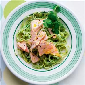 Salmon and watercress linguine