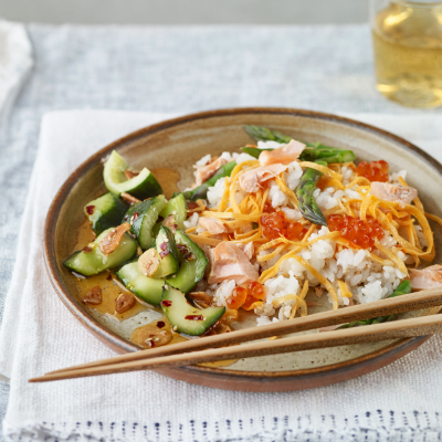 Salmon, asparagus & egg chirashi sushi