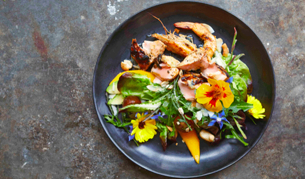 Salmon, asparagus & pea salad with watercress dressing