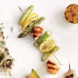 Salmon, asparagus, and fresh lemon kebabs