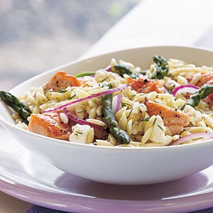 Salmon, asparagus, and orzo salad with lemon-dill vinaigrette