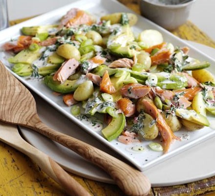 Salmon, avocado and potato salad with lime and chilli mayo