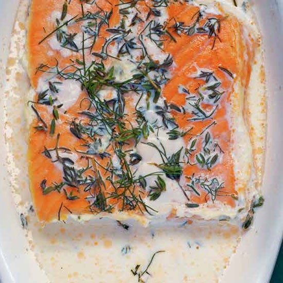 Salmon baked in cream with sweet bay, thyme, and dill