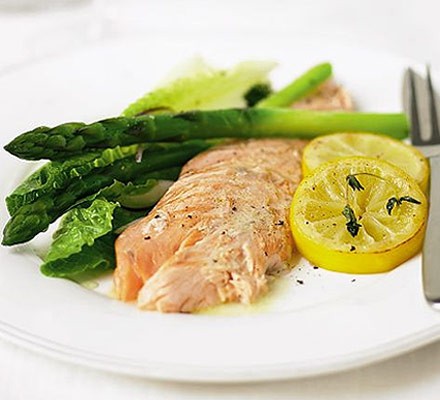Salmon baked with herbs & caramelised lemons