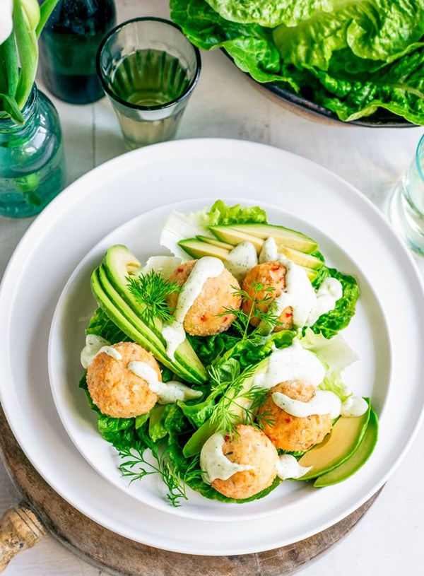 Salmon balls with avocado and lemon dill mayo
