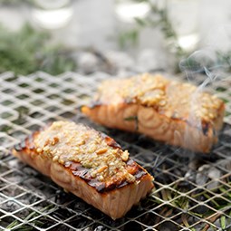 Salmon barbecued in pine with pine nuts and Parmesan pesto