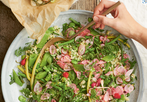 Salmon, bean and bulgur wheat salad with quick pickled radishes