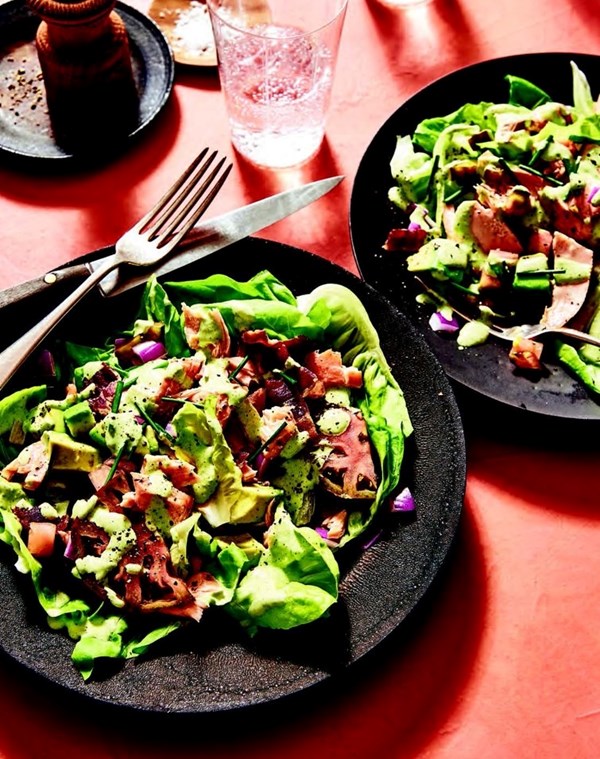 Salmon BLT salad with spicy tomatillo ranch dressing