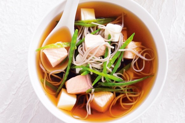 Salmon broth with buckwheat noodles