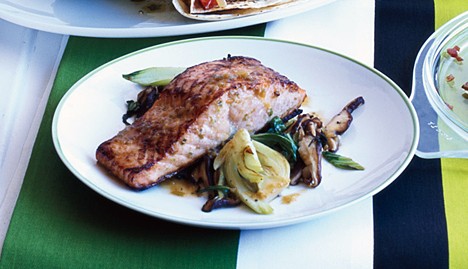 Salmon "bulgogi" with bok choy and mushrooms