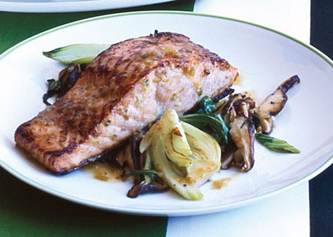Salmon "bulgogi" with bok choy and mushrooms