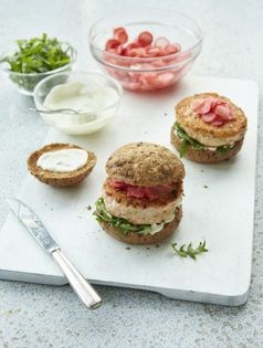 Salmon burgers with pickled radish and wasabi mayo