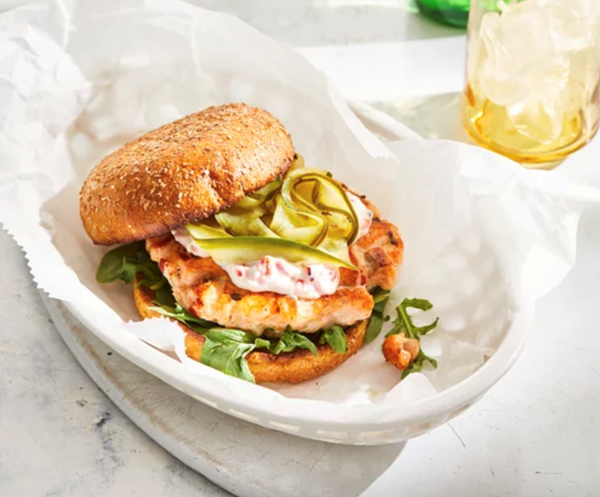Salmon burgers with quick pickles & red pepper aioli