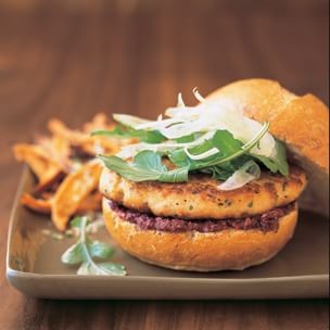 Salmon burgers with shaved fennel and olive tapenade