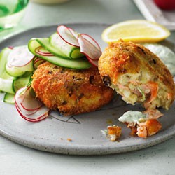 Salmon cakes with cucumber and radish pickle and mint mayonnaise