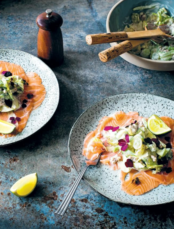 Salmon carpaccio & cucumber Waldorf