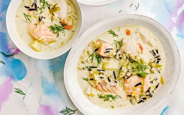 Salmon chowder with wild rice and scallops