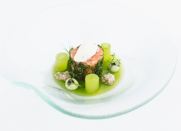 Salmon, compressed cucumber, oyster ceviche and oyster mayonnaise