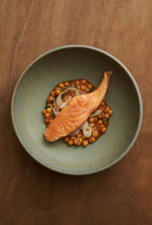 Salmon confit, piselli and ancho chili broth