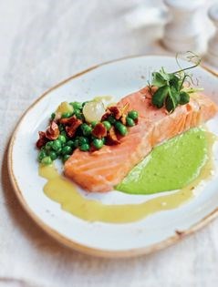 Salmon confit with petits pois and pea purée (Saumon confit, petits pois à la Française)