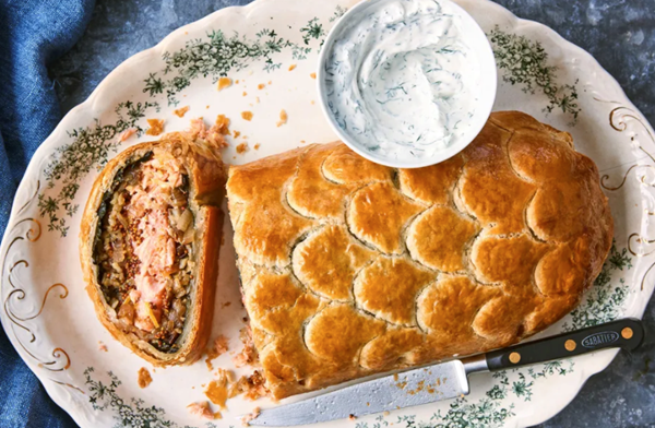 Salmon coulibiac with dilly sour cream