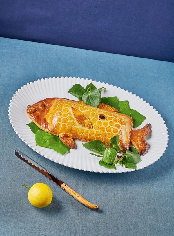 Salmon coulibiac with sole and kawakawa mousse
