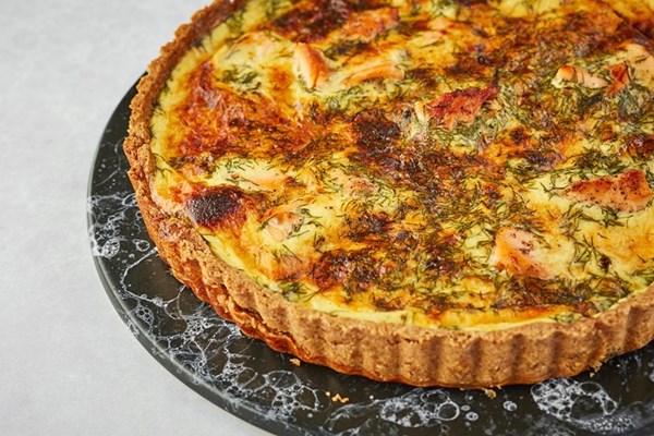 Salmon, dill and sour cream quiche with a rye crust