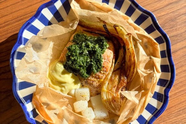 Salmon en papillote with mustard mayonnaise & dill gremolata